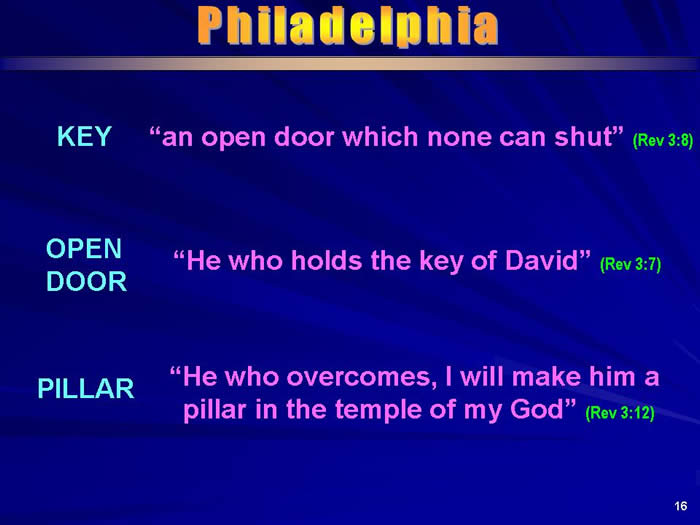Slide of part of the letter to Philadelphia in the book of Revelation
