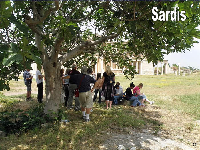 Group resting beneath a tree at ancient Sardis